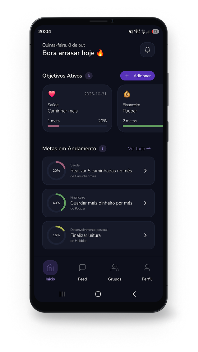 Tela inicial do app Atvia mostrando objetivos ativos e metas em andamento